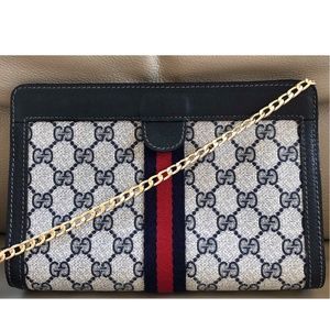 Authentic Vintage Gucci Web Monogram Canvas Leather Chain Velcro Clutch